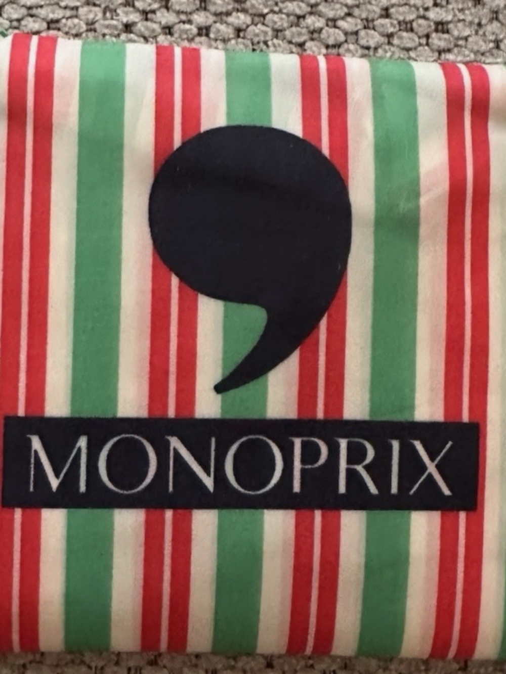 New Monoprix Paris Reusable Folding Nylon Shopping Bag - Green & Red Striped